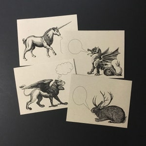 MYTHOLOGICAL CREATURES . Set of 12 Postcards Kraft Cards 4.25 x 5.5 Post Cards Unicorn Gryphon Dragon Jackalope Mythology Stationery Set