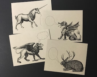 MYTHOLOGICAL CREATURES . Set of 12 Postcards Kraft Cards 4.25 x 5.5 Post Cards Unicorn Gryphon Dragon Jackalope Mythology Stationery Set