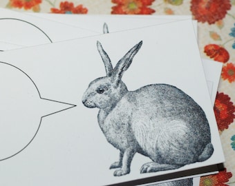 BABBLING BUNNY . Set of 5 Mini Notecards with Envelopes Captioned Critters Rabbit Cut Animals Gift Cards Folded Notes Easter Animal Lover