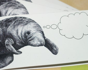MINDFUL MANATEE . Set of 5 Mini Notecards Florida Sea Cow Captioned Critters Quirky Gift Cards Folded Notes Gentle Giant Thank You Notes