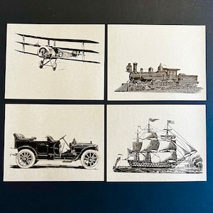 VOYAGEUR du monde . Lot de 12 cartes postales kraft 4,25 x 5,5 avions trains automobiles navires illustration vintage vacances voyage transport