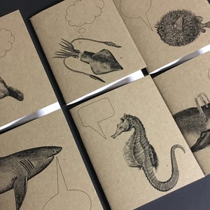 OCEANIC ANIMALS Mini Journals 6 Small Notebooks Blank Journals Gift Set Kraft Sketchbook Manatee Shark Whale Seahorse Pufferfish Squid