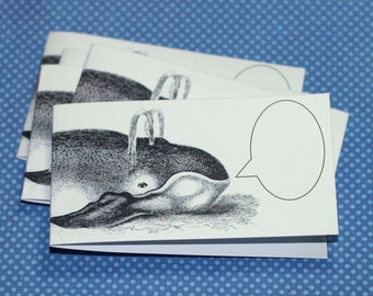 WHISPERING WHALE . Set of 5 Mini Notecards Ocean Mammal Captioned Critters Quirky Fun Gift Cards Folded Notes Handmade Envelopes Cute