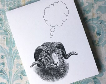 WOOLLY WOOLGATHERER . A2 Greeting Card Folded Notecard Sheep Ram Stationery for Knitters Farm Animals Quirky Fun Cute Blank Card Free Ship