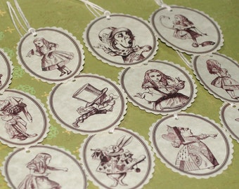 Alice in Wonderland, Looking Very Vintage . Gift Tags Set of 12 Parchment Sepia Whimsical Scalloped Mad Hatter White Rabbit Party Tags