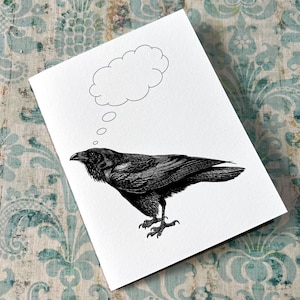 CORBEAU RÉFLÉCHISSANT . A2 carte de voeux pliée notecard papeterie oiseau noir original amusant mignon blanc toutes les occasions message livraison gratuite poe