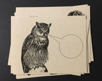 WISE OWLS . Set of 12 Postcards Kraft Cards 4.25 x 5.5 Post Cards Birds of Prey Stationery Set Animal Cards DIY Invitations Nocturnal