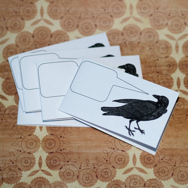 NEVERMORE . Set of 5 Raven Mini Notecards Edgar Allen Poe Captioned Critters Quirky Gifts Small Folded Black Bird Crow Business Card Size