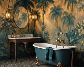 Vintage Tropical Jungle Mural, Golden Sunlight Palm Tree Wallpaper, Maximalist Teal Botanical Wall Decor