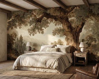 May include: A bedroom featuring a large wall mural of a sprawling oak tree in a forest landscape. The bed is dressed in neutral beige linens, flanked by two wooden nightstands with white lamps. A brown leather armchair sits in the foreground.