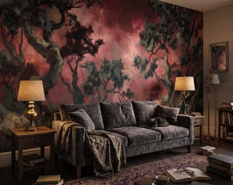 Könnte beinhalten: Ein Wohnzimmer mit einem dunkelgrauen Samtsofa, Kissen und einer gemusterten Decke. Die Wand zeigt ein Wandbild von Bäumen vor einem roten und rosa Himmel. Zwei Nachttische aus Holz mit Lampen flankieren das Sofa, und ein violetter Teppich liegt auf dem Boden.