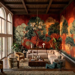 May include: A luxurious living room with a large sectional sofa, armchairs, and a coffee table. The room features a vibrant mural of trees and a sunset, with large windows and a chandelier. The color palette includes warm reds, greens, and beige.