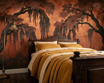 Peut inclure: Chambre avec lit en bois foncé et tête de lit assortie. La literie est jaune moutarde, avec une couverture crème. Le mur derrière le lit présente une fresque d'arbres stylisés dans les tons marron et orange. Un lampadaire en laiton est à gauche.