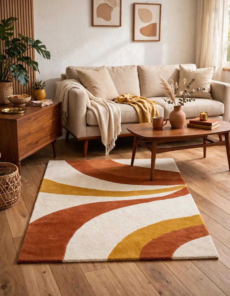Hand Tufted Wool Area Rug: Abstract Wave Pattern, Terracotta Mustard ...