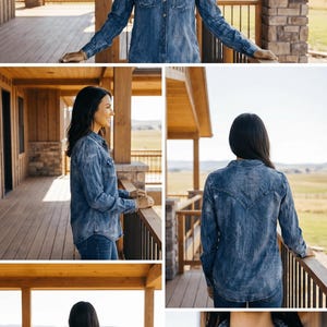 Vintage Blue Washed Western Denim Shirt – Concho Button Tencel Top