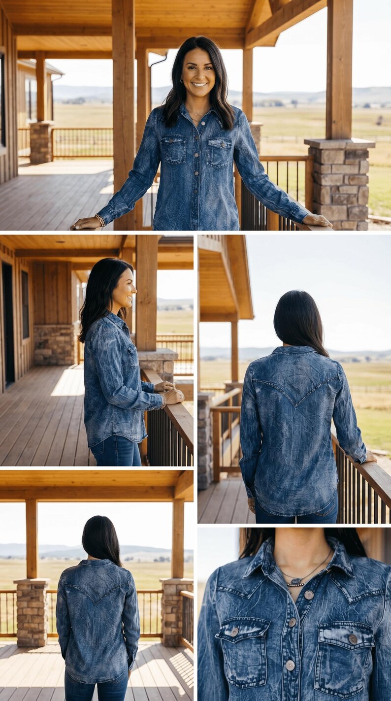 Vintage Blue Washed Western Denim Shirt – Concho Button Tencel Top