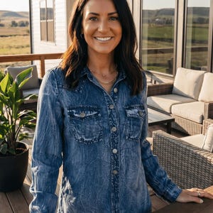 Vintage Blue Washed Western Denim Shirt – Concho Button Tencel Top