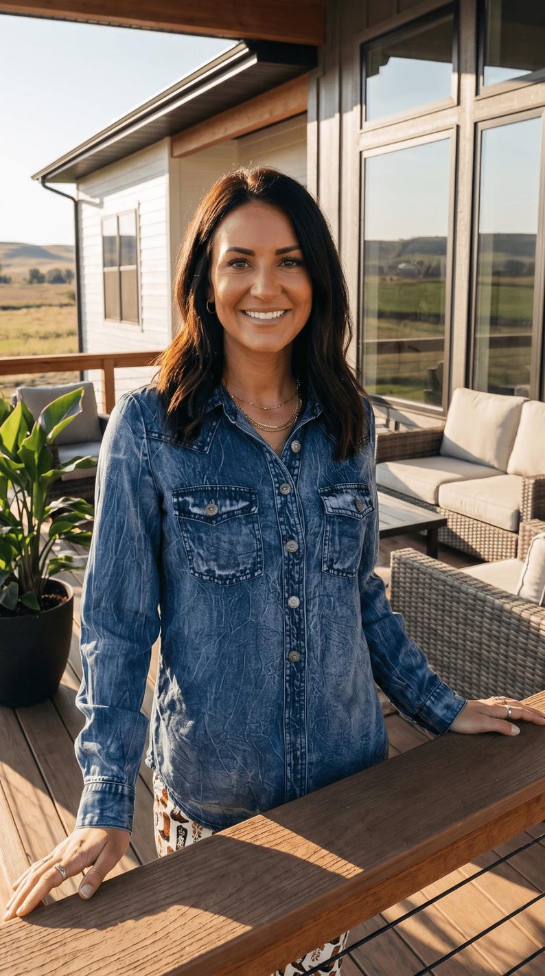 Vintage Blue Washed Western Denim Shirt – Concho Button Tencel Top