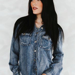 Vintage Blue Washed Western Denim Shirt – Concho Button Tencel Top