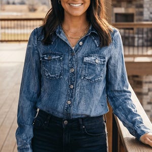 Vintage Blue Washed Western Denim Shirt – Concho Button Tencel Top