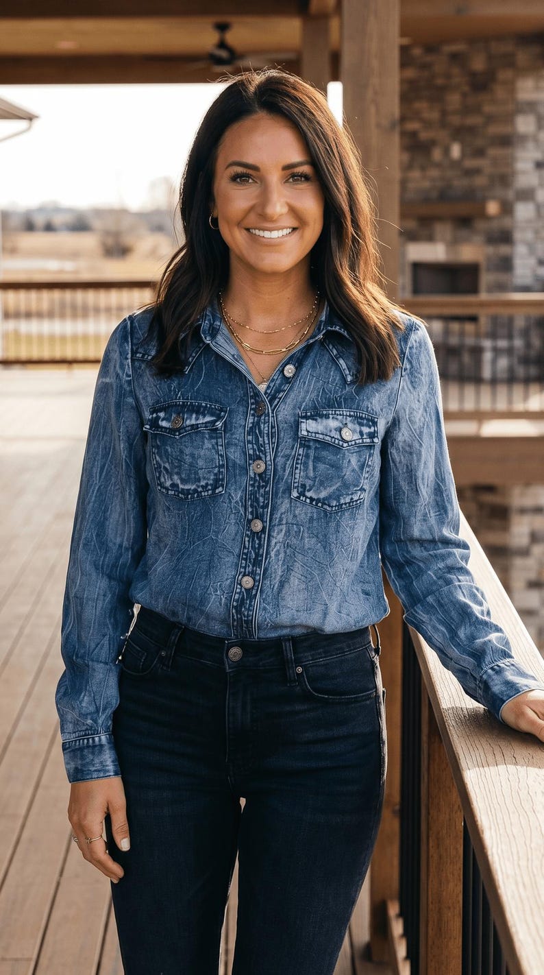 Vintage Blue Washed Western Denim Shirt – Concho Button Tencel Top
