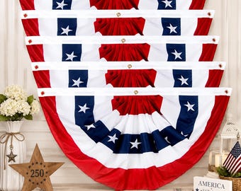 American Pleated Fan Flag, Red White Blue Bunting Banner, 4th of July Porch Decor
