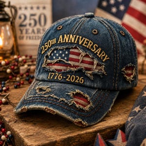 May include: A distressed denim baseball cap with the text "250th Anniversary" embroidered in gold thread. The cap features a distressed American flag design and the dates "1776-2026". The hat has a pre-worn look with frayed edges.