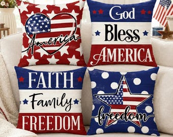 Patriotic Pillow Covers Set of 4, American Flag 18x18 Cushion Covers, Memorial Day July 4th, Farmhouse Outdoor Decor