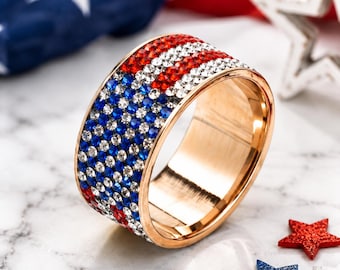 12 mm American Flag Rhinestone Ring, Patriotic Stainless Steel Ring, 18K Gold Plated Jewelry for Men and Women, Vintage Statement Gift