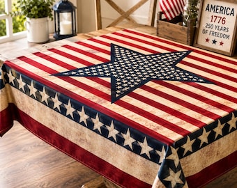 Vintage American Flag Tablecloth, Patriotic Farmhouse Dining Cover
