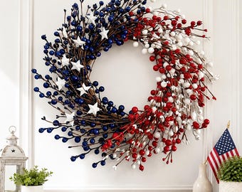 Patriotic Star Berry Wreath, Red White Blue Front Door, Handmade USA 250th Anniversary Day Decorations