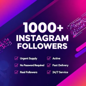 Op de afbeelding: Een digitale afbeelding met een paarse en roze gradiënt achtergrond. De tekst "1000+ INSTAGRAM FOLLOWERS" staat in grote witte letters. Daaronder staan kenmerken: Urgent Supply, Active, No Password Required, Fast Delivery, Real Followers en 24/7 Service.