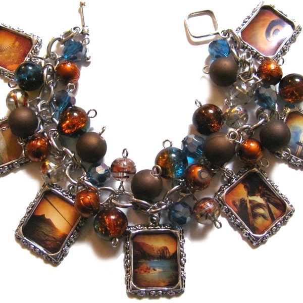 Vintage Beach Themed Altered Art Charm Bracelet Brown  Burnt Orange Teal