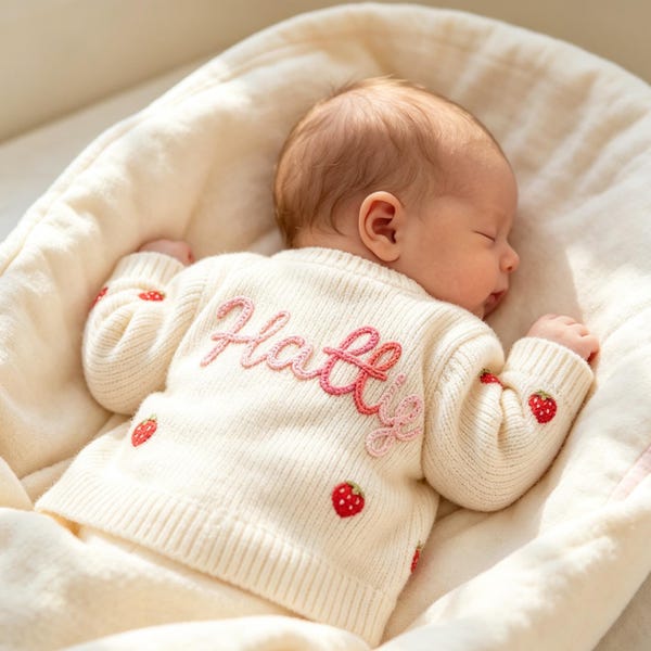 Handgebreid babyvestje met gepersonaliseerde naam en borduurwerk, gebreide trui voor pasgeborenen, tijdloos kraamcadeau dat een blijvend erfstuk wordt.