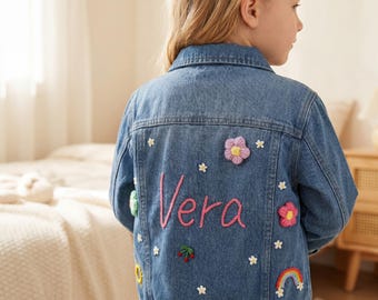 Hand Stitched Floral Denim Jacket for Kids, Custom Personalized Name Embroidered Children’s Jean Outerwear