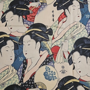 May include: A fabric print featuring a repeating pattern of Japanese figures with dark hair styled in traditional updos. The figures wear patterned garments in shades of blue, red, and cream, and some hold round fans. Black Japanese calligraphy is visible.