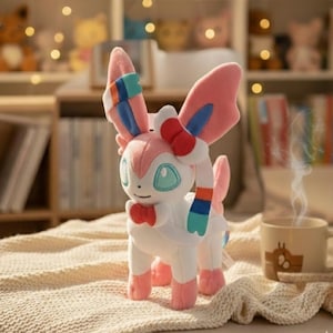 May include: A plush Sylveon toy, featuring a white body, pink accents, and a red bow. The toy has large, pink ears with blue and orange details. It is posed on a cream-colored blanket, with a coffee mug in the background.