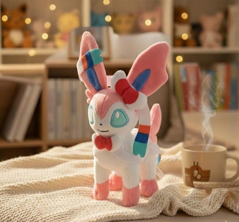 May include: A plush Sylveon toy, featuring a white body, pink accents, and a red bow. The toy has large, pink ears with blue and orange details. It is posed on a cream-colored blanket, with a coffee mug in the background.