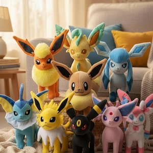 May include: A collection of plush toys featuring various characters with large ears and expressive eyes. The toys are in a variety of colors, including yellow, orange, blue, pink, and black. They are arranged in a group, with some standing and others seated.