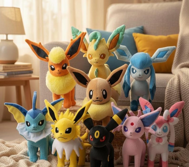 May include: A collection of plush toys featuring various characters with large ears and expressive eyes. The toys are in a variety of colors, including yellow, orange, blue, pink, and black. They are arranged in a group, with some standing and others seated.