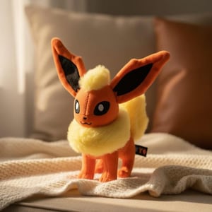 May include: A plush orange and yellow Flareon toy with large ears, a fluffy neck, and a tail. The toy has black eyes and is standing on a cream-colored blanket. The toy is a character from the popular Pokemon franchise.