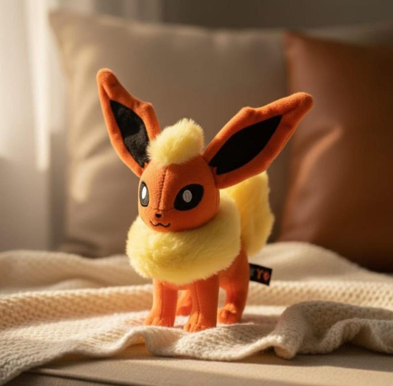 May include: A plush orange and yellow Flareon toy with large ears, a fluffy neck, and a tail. The toy has black eyes and is standing on a cream-colored blanket. The toy is a character from the popular Pokemon franchise.