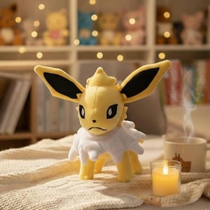 May include: A plush yellow Jolteon Pok&eacute;mon figure with black-tipped ears and a white collar. The figure is standing on a cream-colored blanket, with a lit candle and a mug in the background. Other plush toys are visible on a shelf.