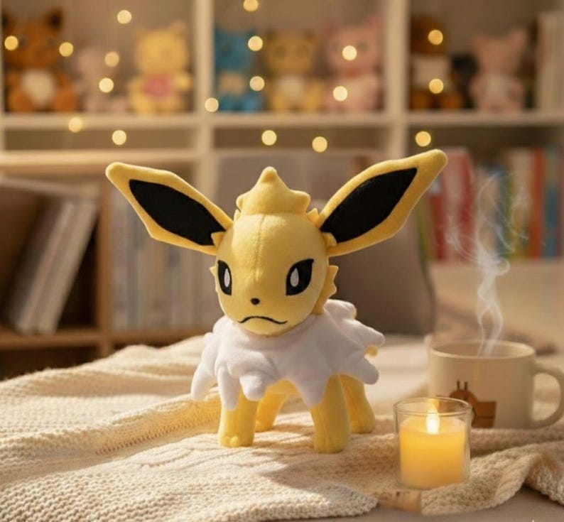 May include: A plush yellow Jolteon Pok&eacute;mon figure with black-tipped ears and a white collar. The figure is standing on a cream-colored blanket, with a lit candle and a mug in the background. Other plush toys are visible on a shelf.