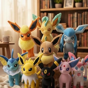 May include: A collection of plush Pok&eacute;mon figures, including Eevee and its evolutions. The plush toys feature various colors such as orange, yellow, blue, pink, and black. The figures are standing in front of a bookshelf.