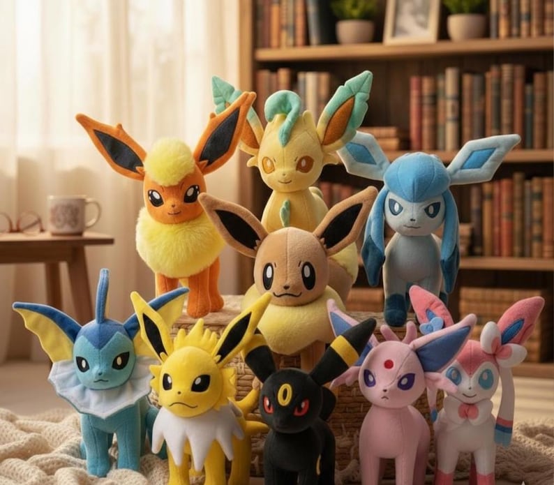 May include: A collection of plush Pok&eacute;mon figures, including Eevee and its evolutions. The plush toys feature various colors such as orange, yellow, blue, pink, and black. The figures are standing in front of a bookshelf.