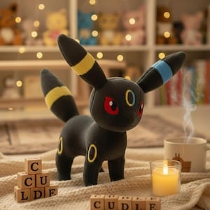 May include: A plush Umbreon toy, black with yellow and blue accents, stands on a textured blanket. The toy has red eyes and yellow markings. A lit candle, a mug, and wooden blocks spelling "CUDDLE" are in the foreground.