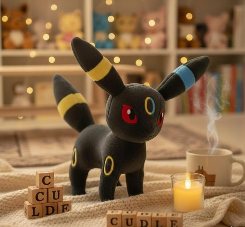 May include: A plush Umbreon toy, black with yellow and blue accents, stands on a textured blanket. The toy has red eyes and yellow markings. A lit candle, a mug, and wooden blocks spelling "CUDDLE" are in the foreground.