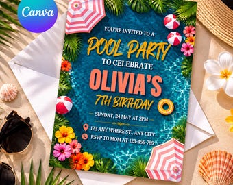 Pool Party Invitation, Summer Birthday Template, Editable Swim Party Card