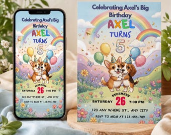 編集可能な子犬の誕生日招待状、犬をテーマにしたパーティー招待状（デジタルダウンロード）